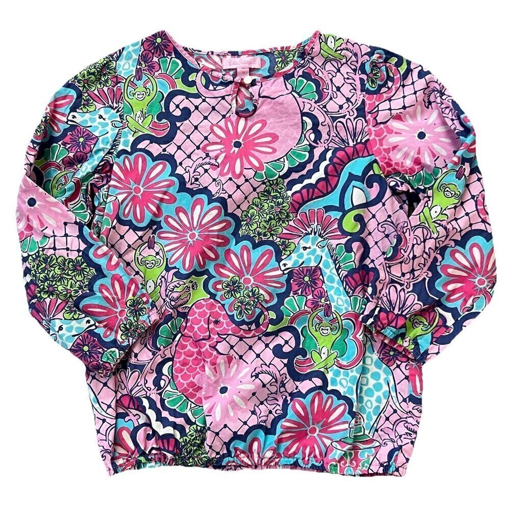 Lilly Pulitzer Girls Jungle Animal Print Tunic Blouse Size 14 Cotton Pink Blue